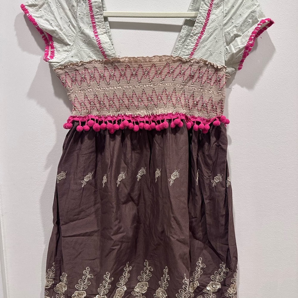 Bohemian Creamy and Brown Dress with Pink Accents